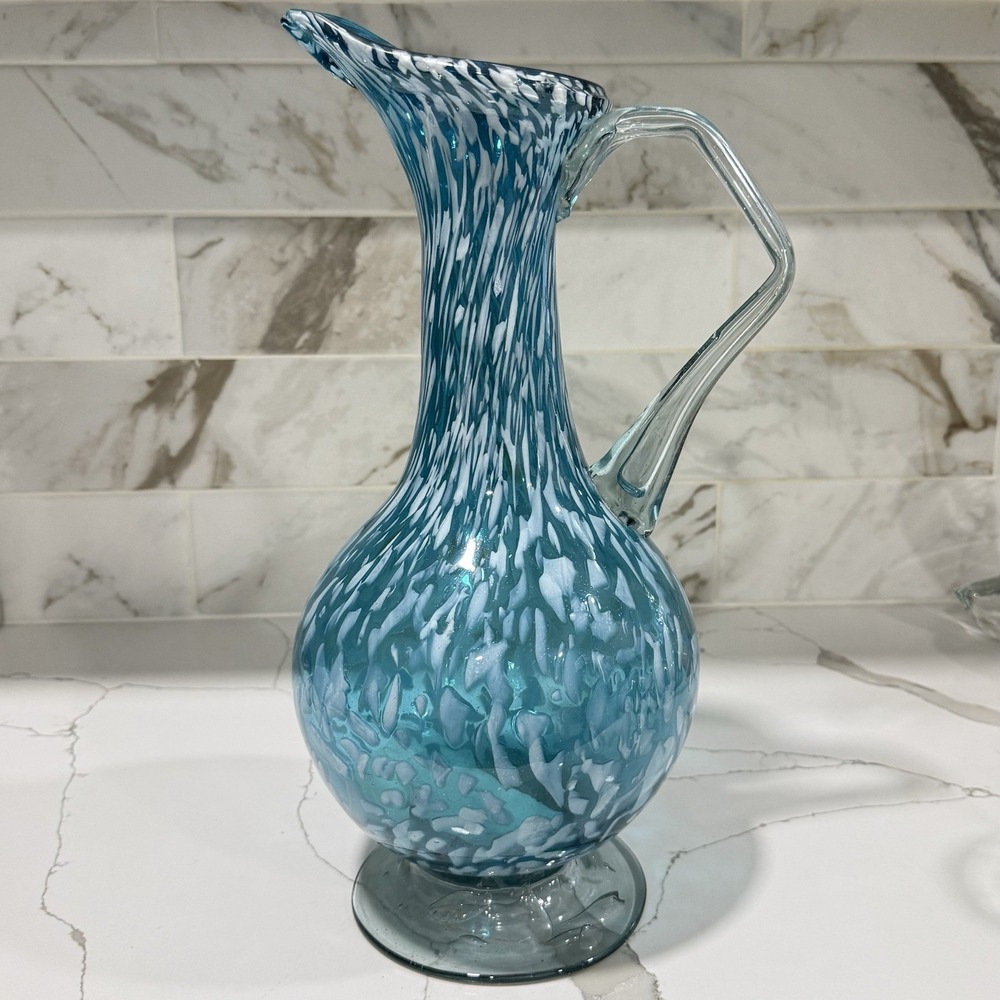 Hand Blown Glass Pitcher 15.5" - Blue and White Confetti - Applied Handle